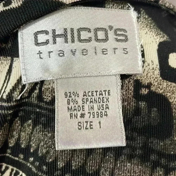 Chico’s Travelers Women’s 1 Sleeveless V Neck Black Cream Tribal Print Blouse - Picture 6 of 8